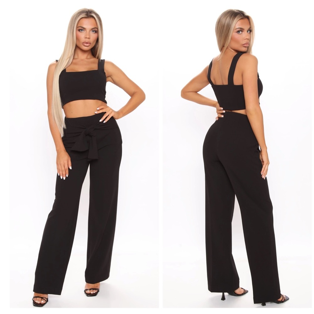 Fashion Nova Black High-Waist Wide Leg Jumpsuit with Tie
